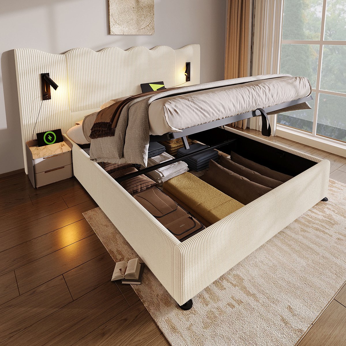 MODFU Tweepersoonsbed - Met Leeslamp En USB-C - Met Opbergruimte - Golvend Hoofdbord - Cor