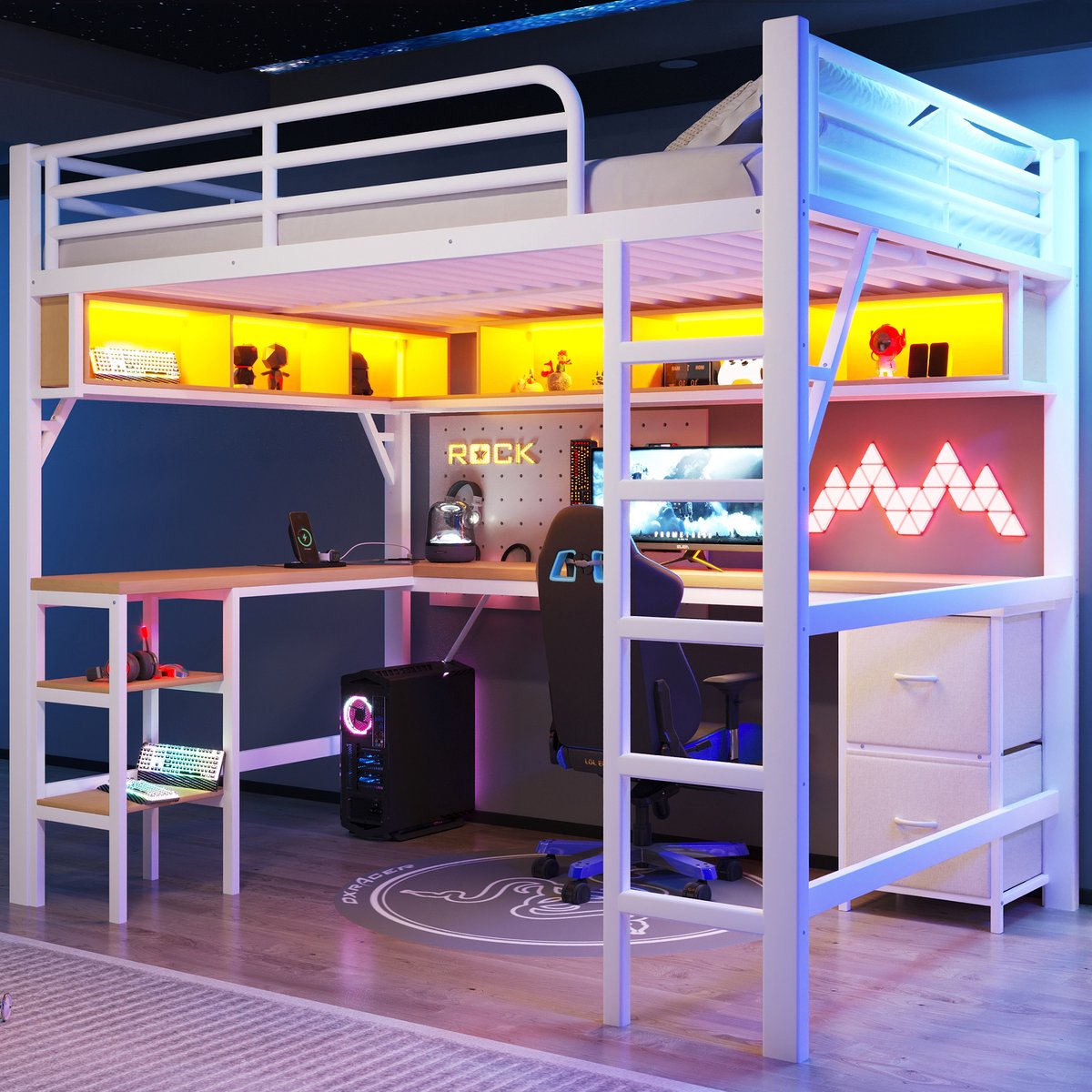 MODFU Hoogslaper - Bureau En Opbergruimte - LED-Verlichting - Modern - MDF En Metaal - Wit - 140 X 200 Cm