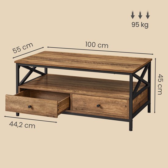 Afmetingen salontafel: 100x55x45 cm, lade 44,2 cm, gewicht 95 kg. Houtnerf blad, open vak en twee lades, zwart metalen frame.