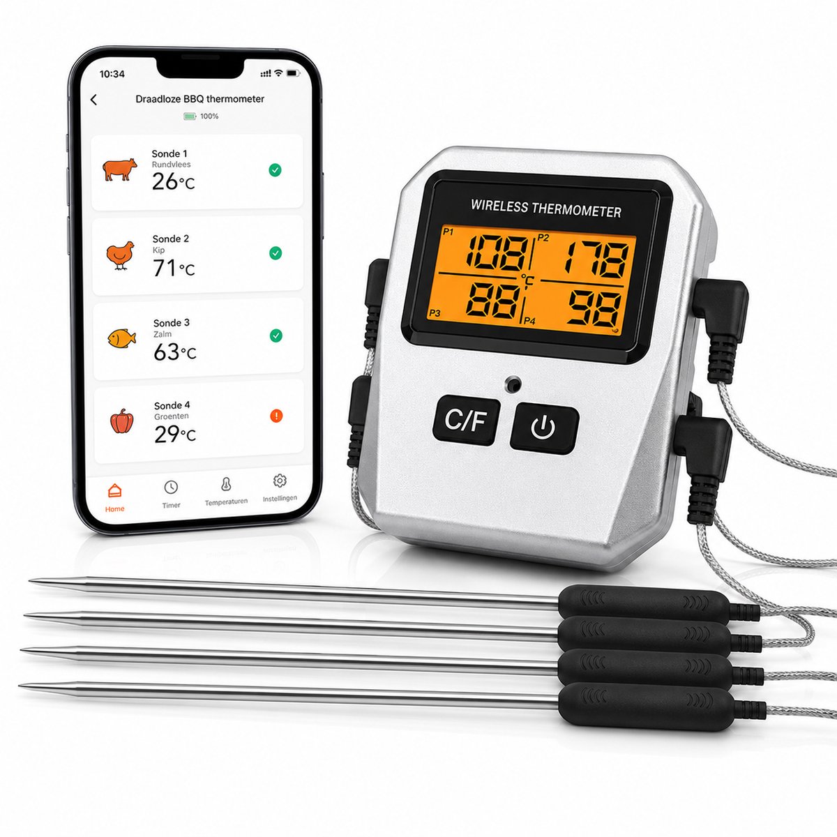 Gloovon® Vleesthermometer - Draadloze Kerntemperatuurmeter met Bluetooth & 4 Probes - 100m Bereik - Digitaal LCD - RVS - Zilver