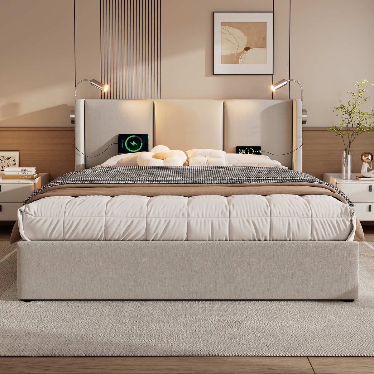 REDOM - Gestoffeerd Bed - Met Opbergruimte En Leeslamp - Modern - Slaapkamer - Linnen - Be