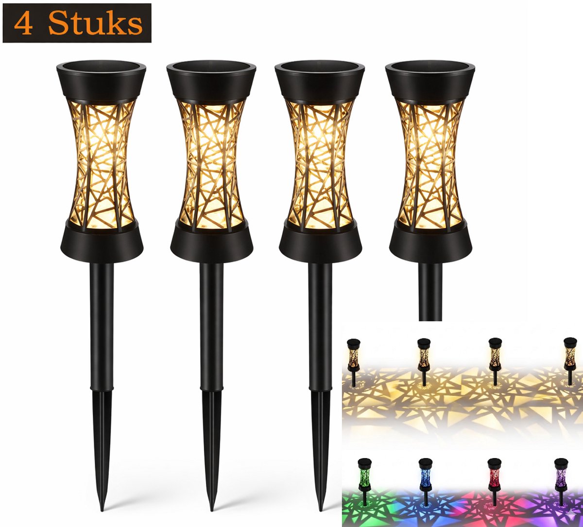 Solar Tuinlampen Set van 4 – Krachtige LED Buitenlampen met Warm Wit & RGB – Waterdicht IP65 – Automatische Sensor – Tuinpad & Sfeerverlichting