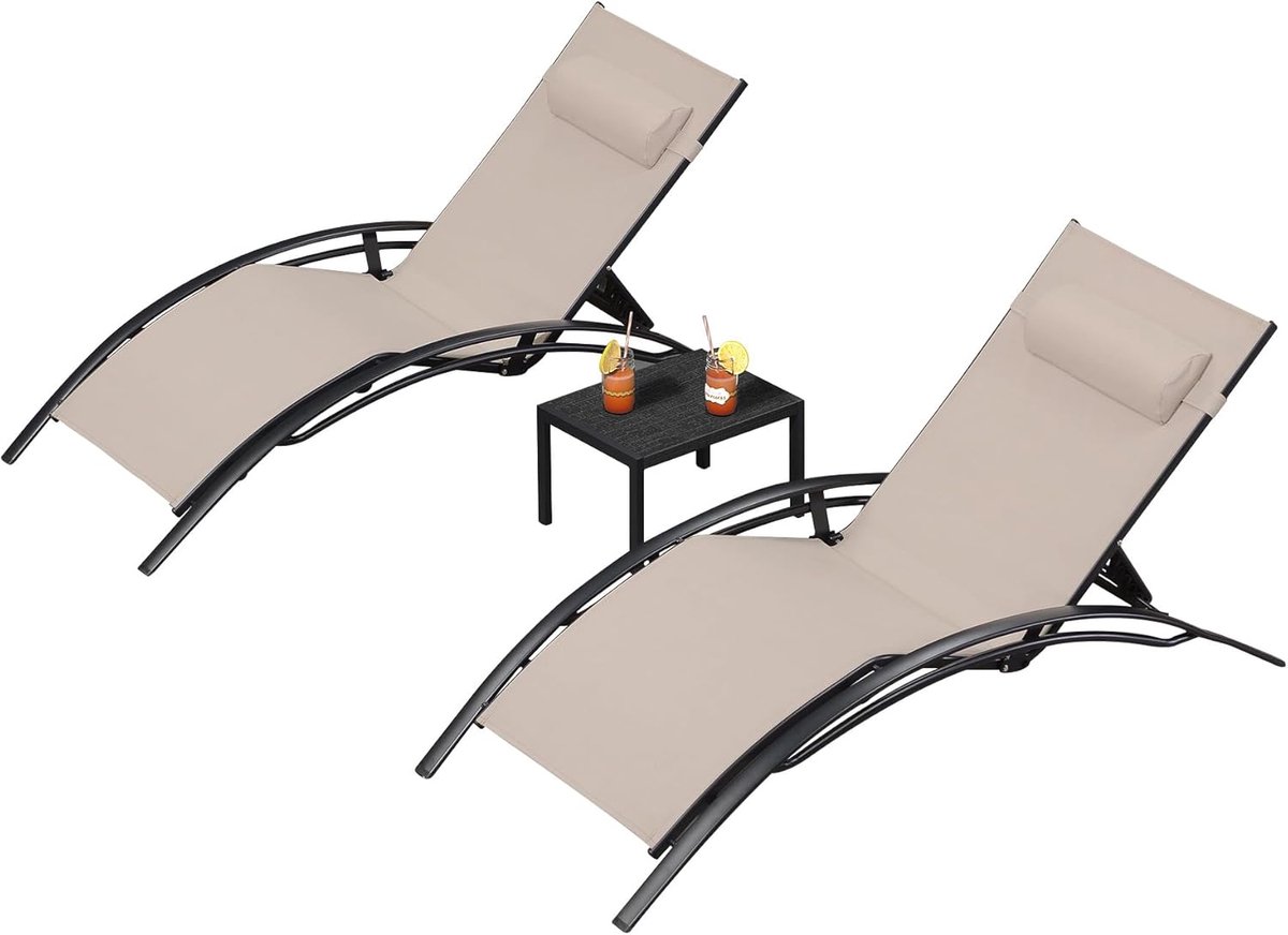 Purple Leaf Extra Grote Tweepersoons Aluminium Tuinligstoel Met Kussen – Wind- en Weerbestendig – Draagvermogen 150 kg – Met Zijtafel – Kaki