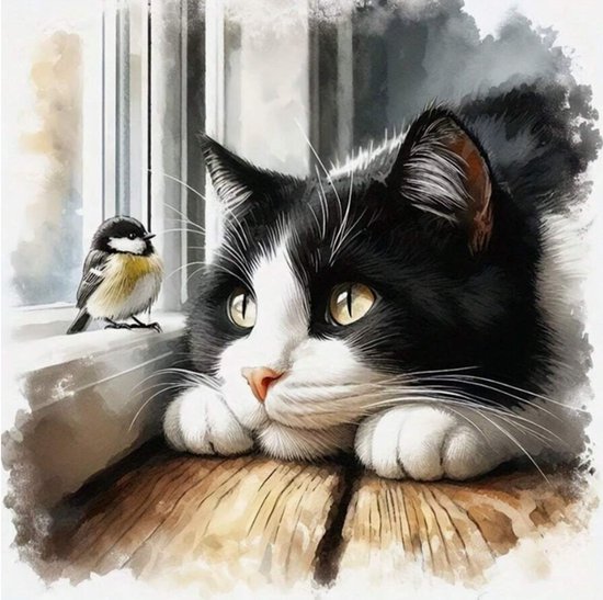 Kit de Diamond Painting - Chat avec oiseau - 35x35 cm - Kit complet - Chat - Couverture complète - Oiseau - Pierres rondes