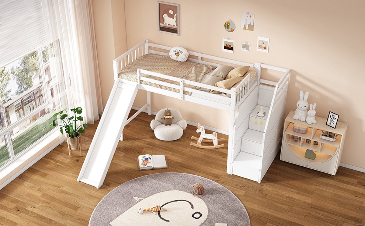 Kinder Stapelbed 90x200 Met Glijbaan En Trap Opbergruimte - Kinderbed Pinehout EN747 Veiligheidsbed Wit Hoogslaper Met Ladder En Glijbaan