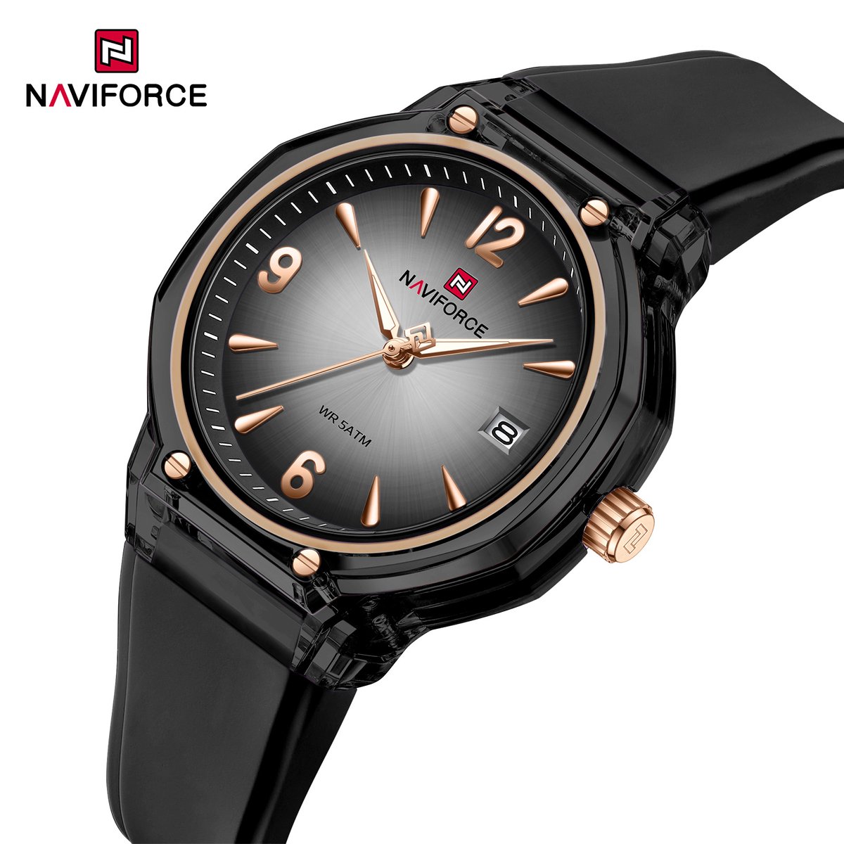 NAVIFORCE horloge met zwarte gefumeerde siliconen polsband, zwarte transparante horlogekast en zwarte wijzerplaat voor dames met stijl ( Model 6110 BB )