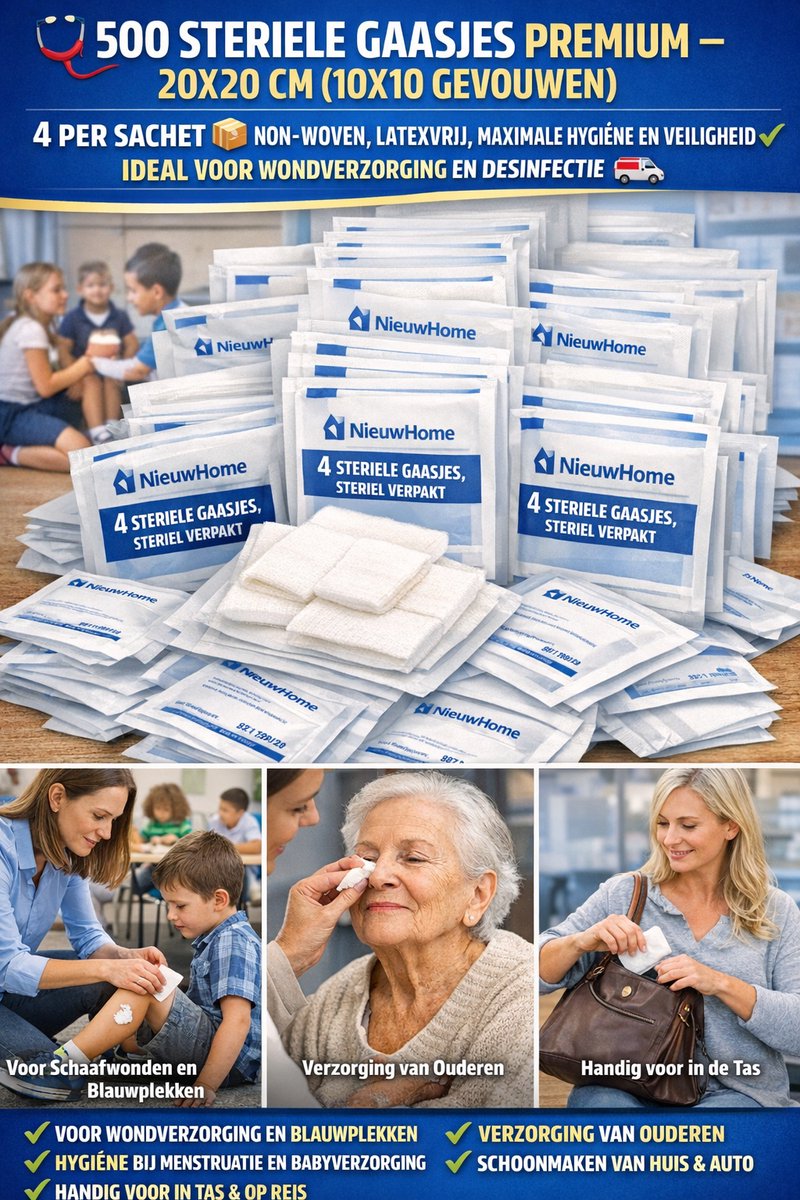 500 STERIELE GAASJES 20X20 CM (10X10 GEVOUWEN) 4 GAASJES PER SACHET NON-WOVEN, LATEXVRIJ, MAXIMALE HYGIËNE EN VEILIGHEID IDEAL VOOR WONDVERZORGING EN DESINFECTIE