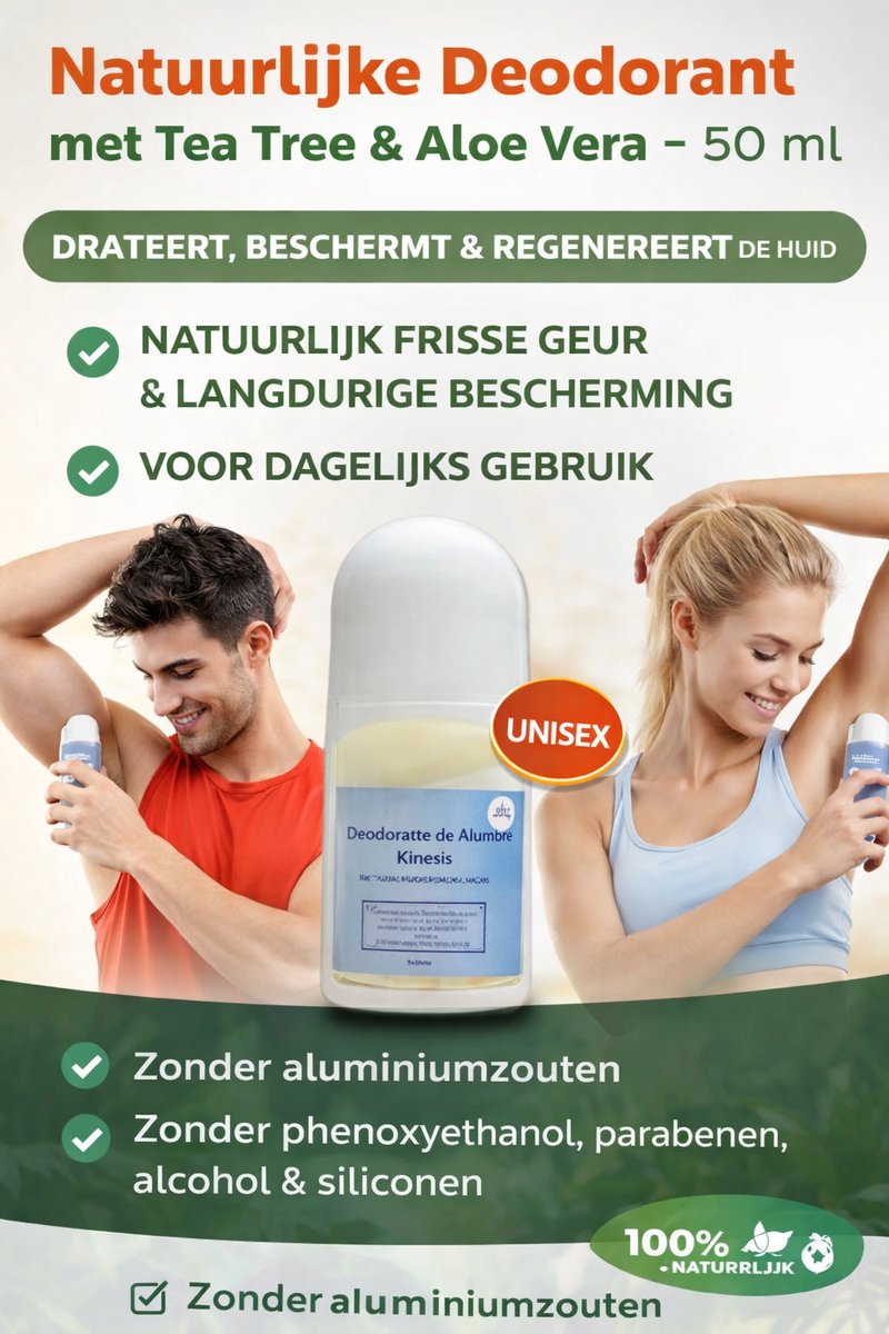 GEZONDE DEODORANT TEA TREE & ALOE VERA  ZONDER ALUMINIUM, ALCOHOL OF CHEMICALIËN  HYDRATEERT, BESCHERMT & REGENEREERT DE HUID NATUURLIJK  FRISSE GEUR & LANGDURIGE BESCHERMING VOOR DAGELIJKS GEBRUIK
