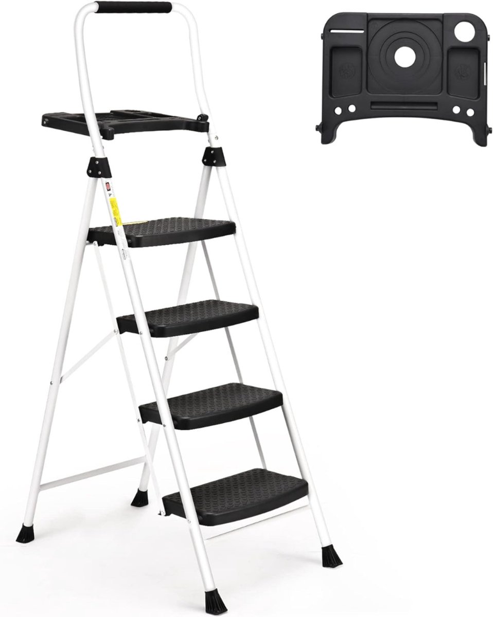 MIRA® Huishoudtrap 4 Treden - Keukentrapje Basic Inklapbaar - Keukentrap Anti-slip – Wit - 0cmx 50cm x 120cm