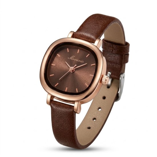 Montre marron couleur or pour femme avec bracelet étroit montre-bracelet analogique avec boîtier rond carré et cadran minimaliste convenant comme montre élégante pour femme pour un usage quotidien
