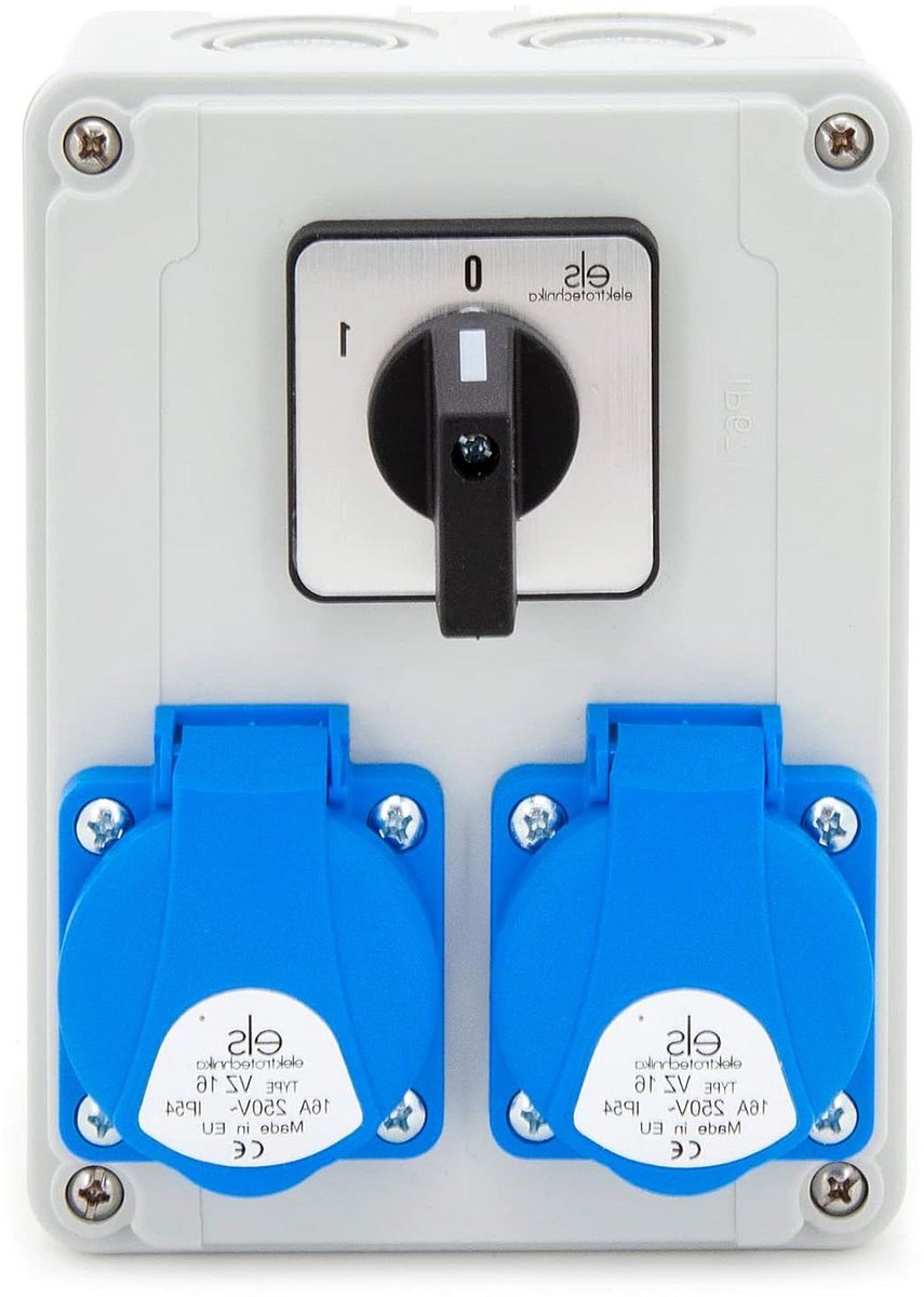 ELS Elektrotechnika Bouwstroomverdeler, stekkerverdeler met schakelaar 0-1 en Schuko 2 x 230 V, bedraad, klaar voor aansluiting voor garage, werkplaats, vochtige ruimtes, fabriek