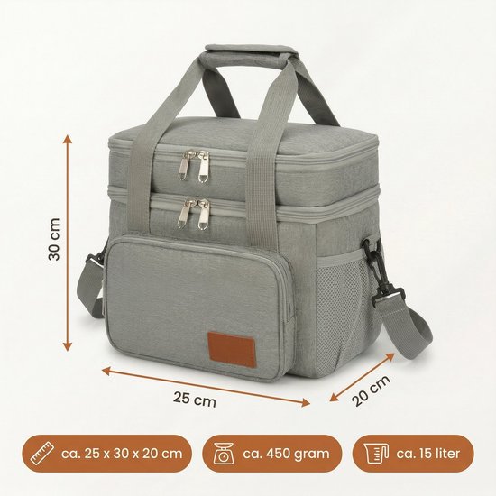 Lomera Koeltas - Lunchtas - Geïsoleerd - Opvouwbaar - Picknicktas - Thermotas - Koeltasje voor Volwassenen - Schoudertas - Coolerbag - Lunch Bag - Isolatietas voor Werk - Dubbel Compartiment - Waterafstotend - Lunchbox - Grijs — afbeelding 3