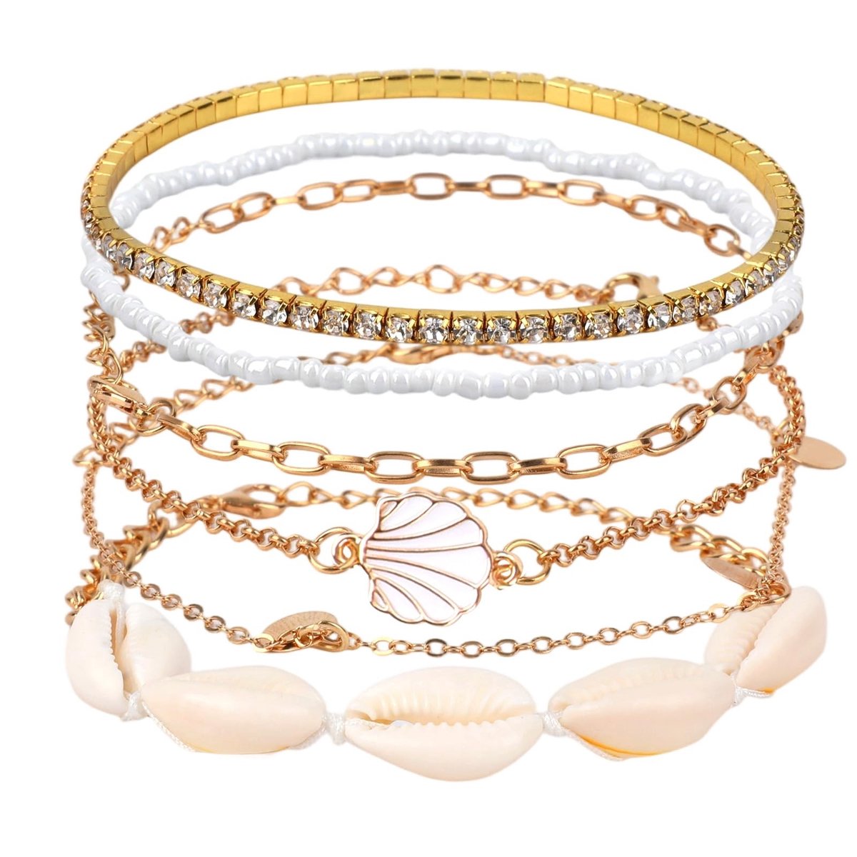 Mikovivi Boho Enkelbandjes Set voor Vrouwen - Gouden Strandaccessoires met Parels en Schelpen