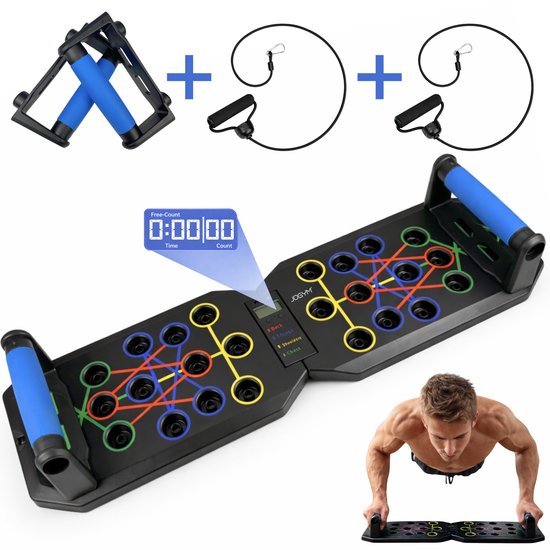 JOGYM® - Push Up Bord - Push Up Bar - Opdruksteunen - Push Up Board - Opdruk Bord - Weerstandsbanden en Elektronische Teller - Parallettes- Grips - Bars - Fitness - Sport spullen - Krachttraining