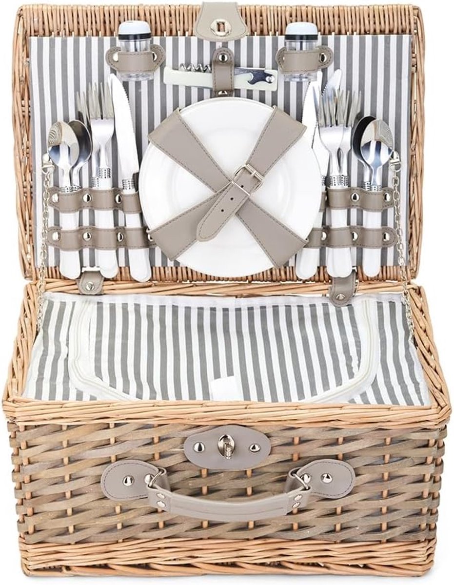 Picknickmand met 23 Accessoires - Picknick Mandje - Boodschappenmand - Fruitmand - Winkelmand - Rieten Mand - Katoen - Hout - 14L - van Imperatoris