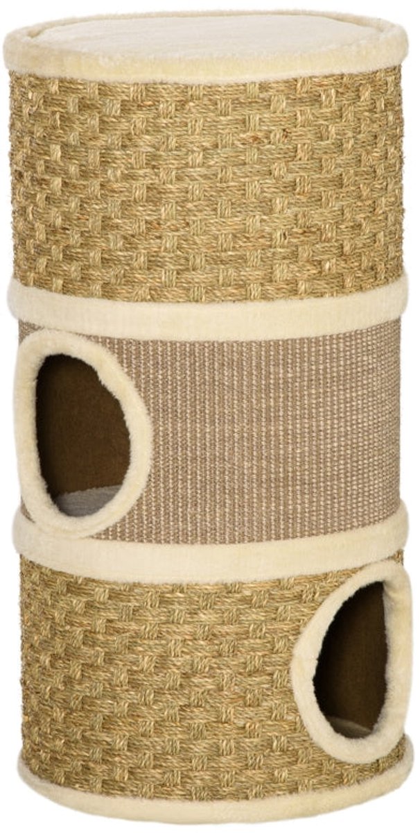 Merax Krabton voor Katten – Krabpaal 3 Niveaus met Sisal en Kattenhuis – Kattenmeubel met Hol en Ligplek – 70 cm – Bruin