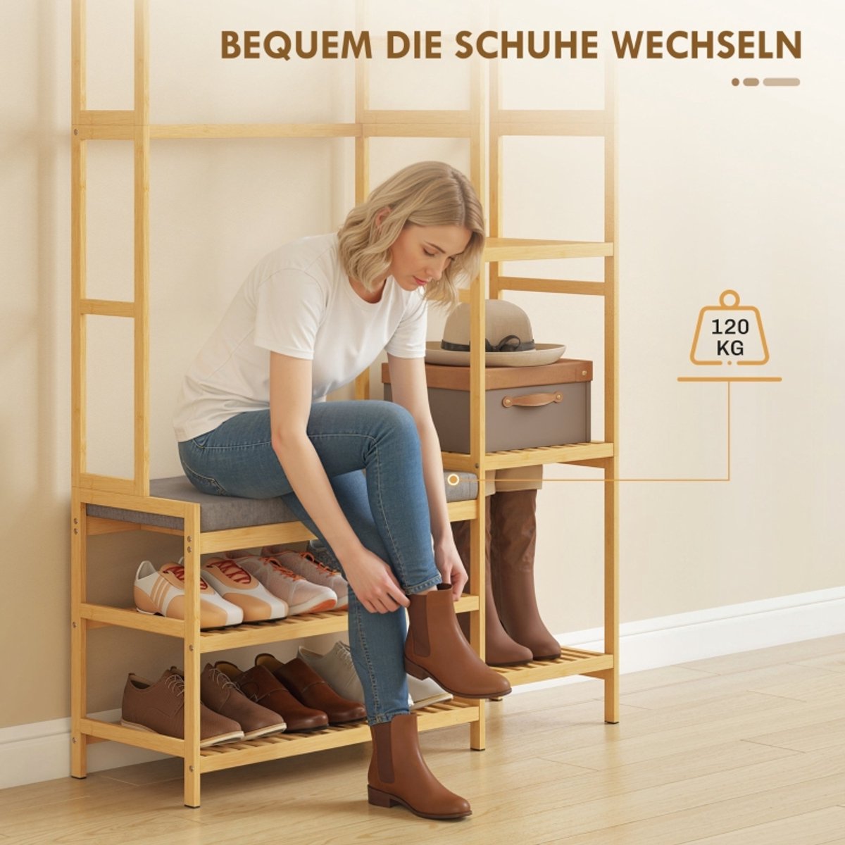 MODFU Luxe 5-in-1 Kapstok met Zitbank - Bamboe Garderoberek met Schoenenrek & 5 Zijplanken - Halmeubel - Naturel – foto 2