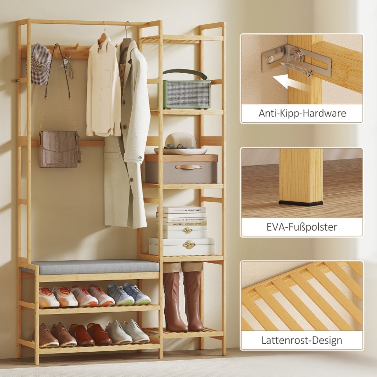 MODFU Luxe 5-in-1 Kapstok met Zitbank - Bamboe Garderoberek met Schoenenrek & 5 Zijplanken - Halmeubel - Naturel – foto 3