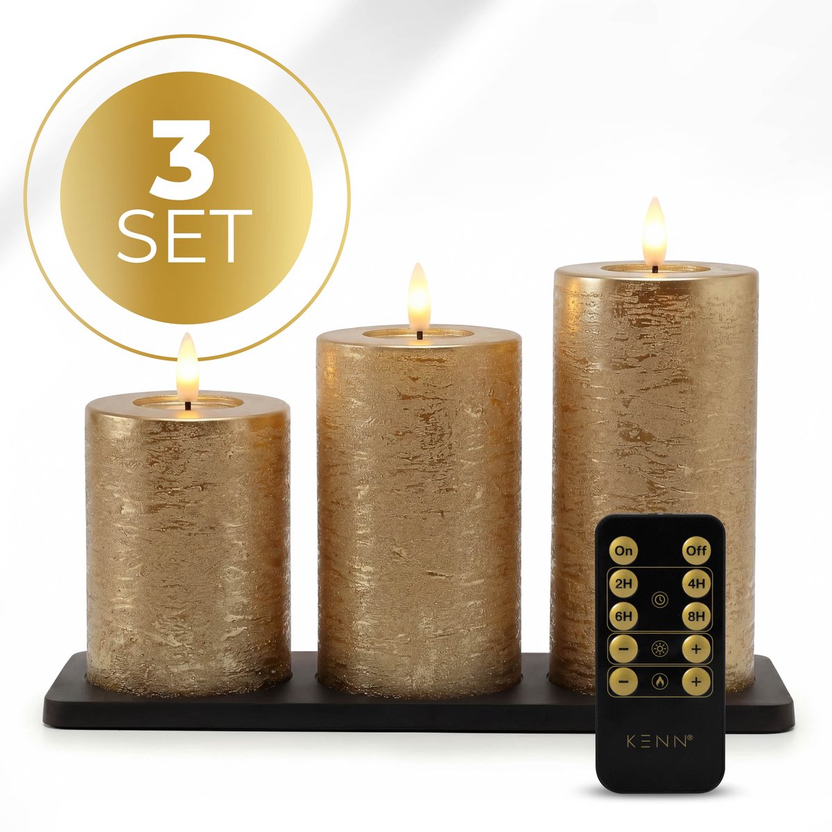 KENN® GlowPro™ Oplaadbare LED Kaarsen – Tot 400 Branduren – Set van 3 – Rustiek Goud – Met Afstandsbediening & Timer – Magnetisch Oplaadstation – Bewegend Vlameffect – LED Kaarsen Oplaadbaar – LED Stompkaarsen – Kaarsen met Flikkerende Vlam – Horeca