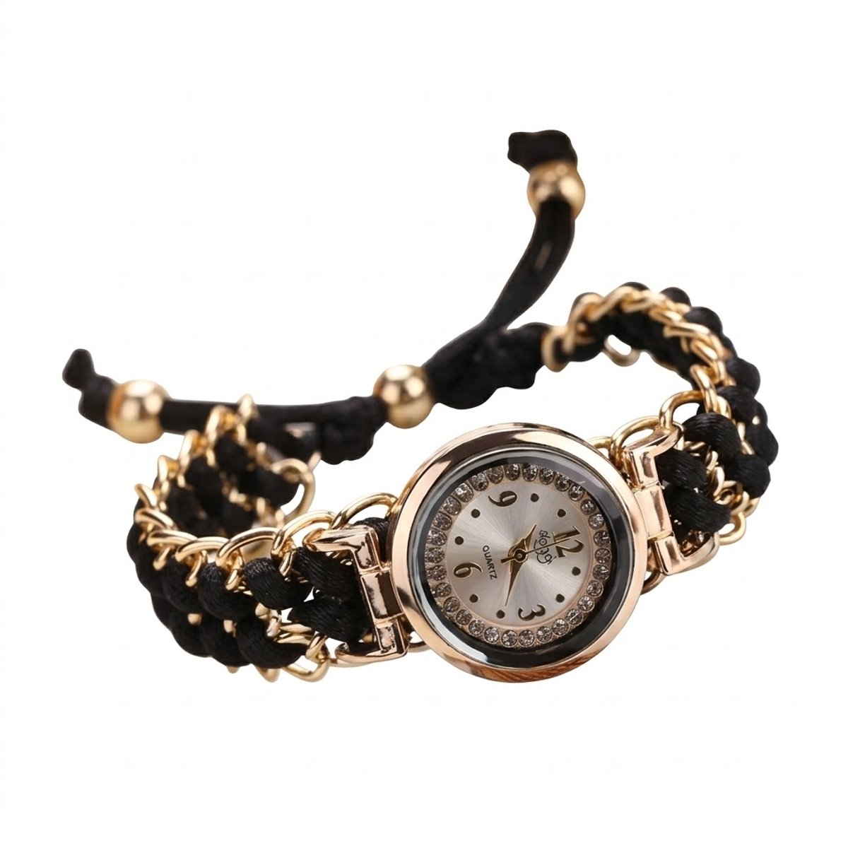 Zwart met goudkleurig analoog horloge dames met gevlochten band en ronde wijzerplaat - decoratief polshorloge met sierlijke kettingdetails