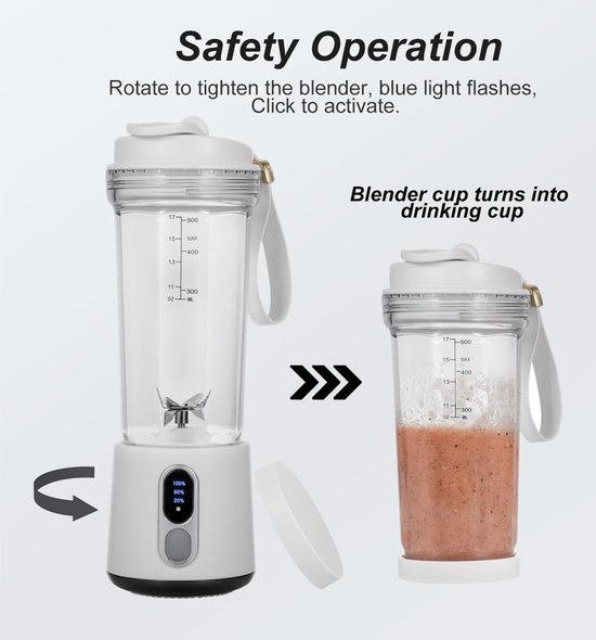 Draagbare Blender - 17oz 500ml - USB-C Oplaadbaar 4000mAh - 6 Roestvrijstalen Mesjes - Draadloos - Mini Blender On The Go - Voor Shakes & Smoothies Gym Keuken Buiten van Merkloos — afbeelding 3