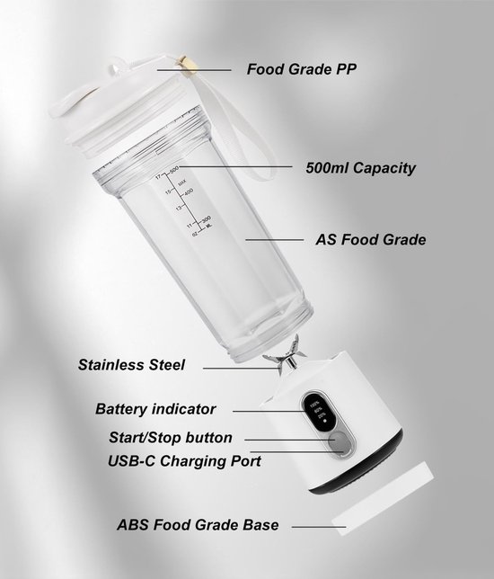 Draagbare Blender - 17oz 500ml - USB-C Oplaadbaar 4000mAh - 6 Roestvrijstalen Mesjes - Draadloos - Mini Blender On The Go - Voor Shakes & Smoothies Gym Keuken Buiten van Merkloos — afbeelding 2