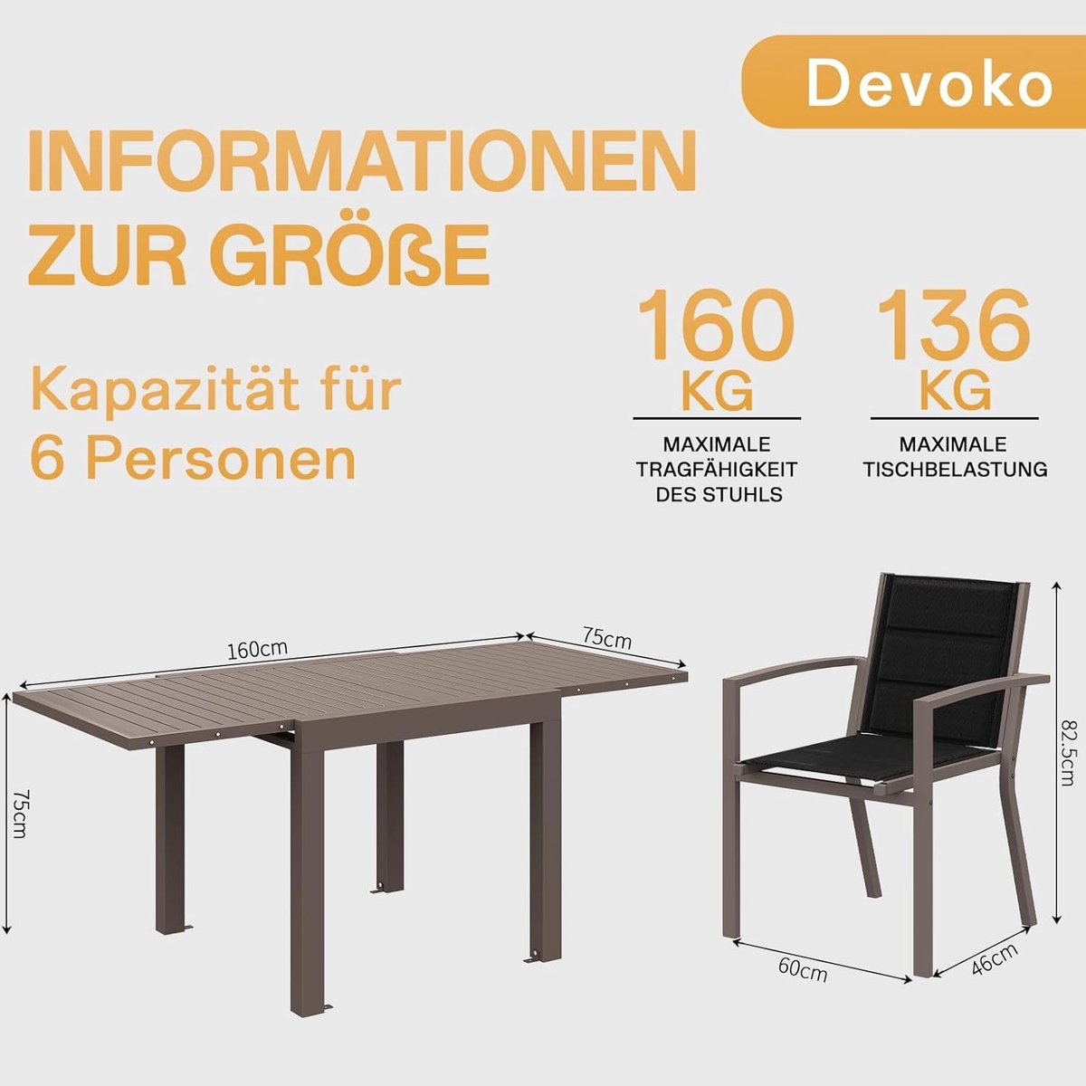Tuinset 6 Personen – Depauwonen Uittrekbare Aluminium Tafel met 6 Stapelbare Stoelen – Balkon, Terras & Tuinmeubels – Donkergrijs – Moderne Outdoor Lounge Set – Weerbestendig & Lichtgewicht