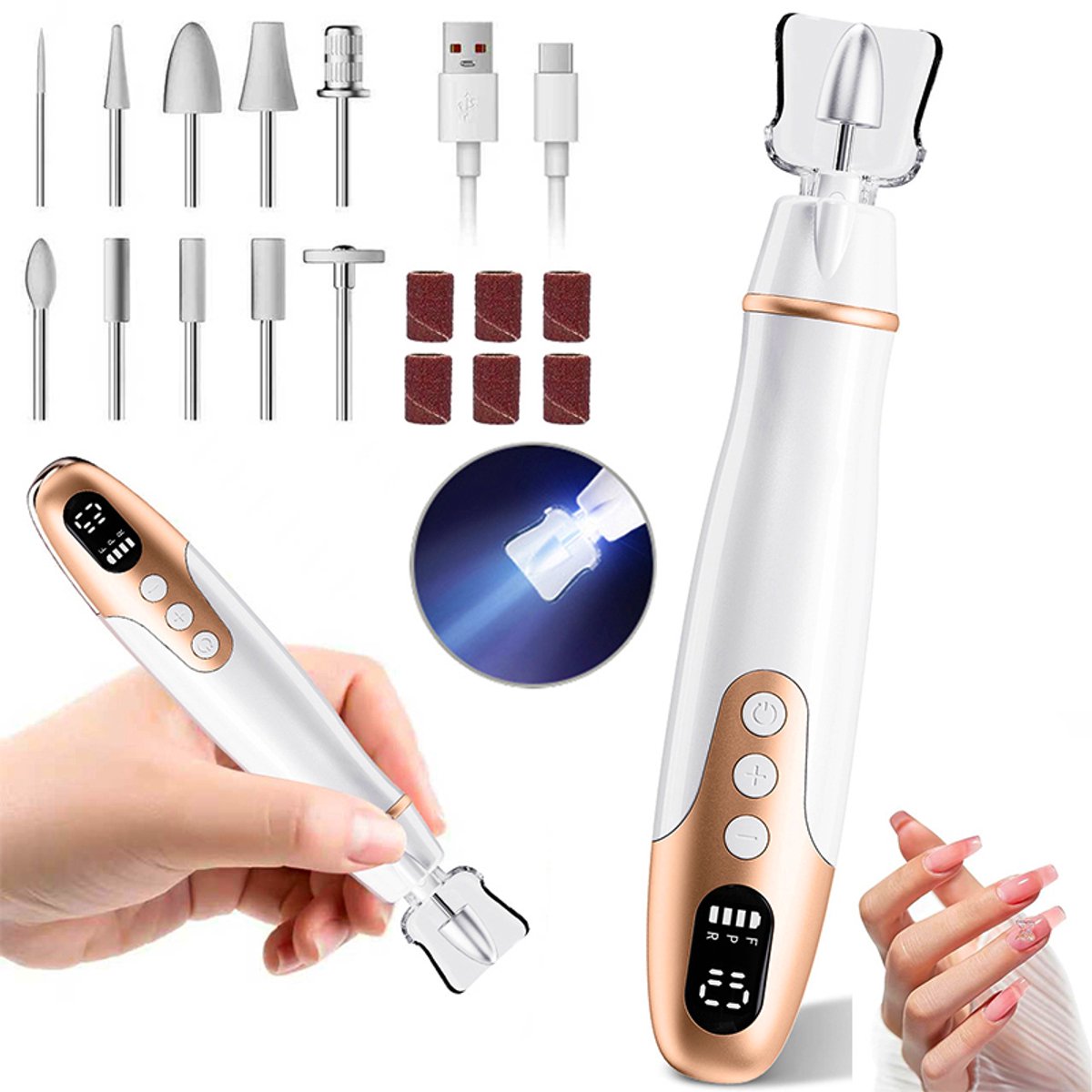 Nagelvijl - Elektrische nagelvijl - Draadloze professionele nagel- en pedicureset - Oplaadbaar, 10 snelheidsstanden,Geschikt voor het polijsten van dikke nagels - Wit - 16,5 x 4 cm