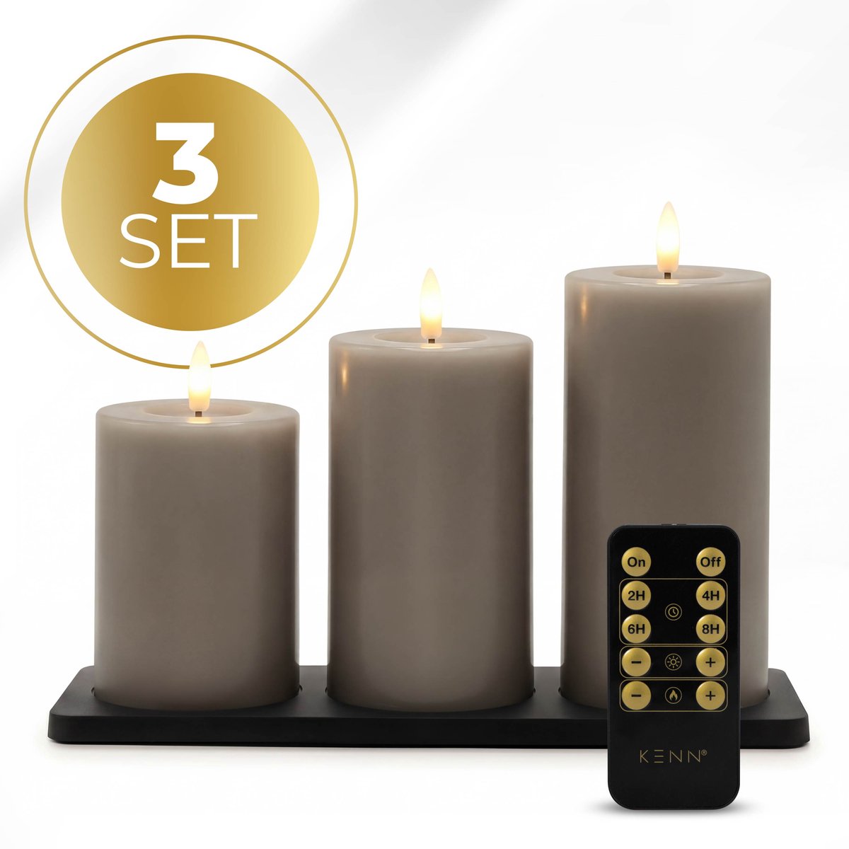 KENN® GlowPro™ Oplaadbare LED Kaarsen – Set van 3 – Taupe – Tot 400 Branduren – Met Afstandsbediening & Timer – Magnetisch Oplaadstation – Bewegend Vlameffect – LED Kaarsen Oplaadbaar – LED Stompkaarsen – LED Kaarsen met Flikkerende Vlam – Horeca