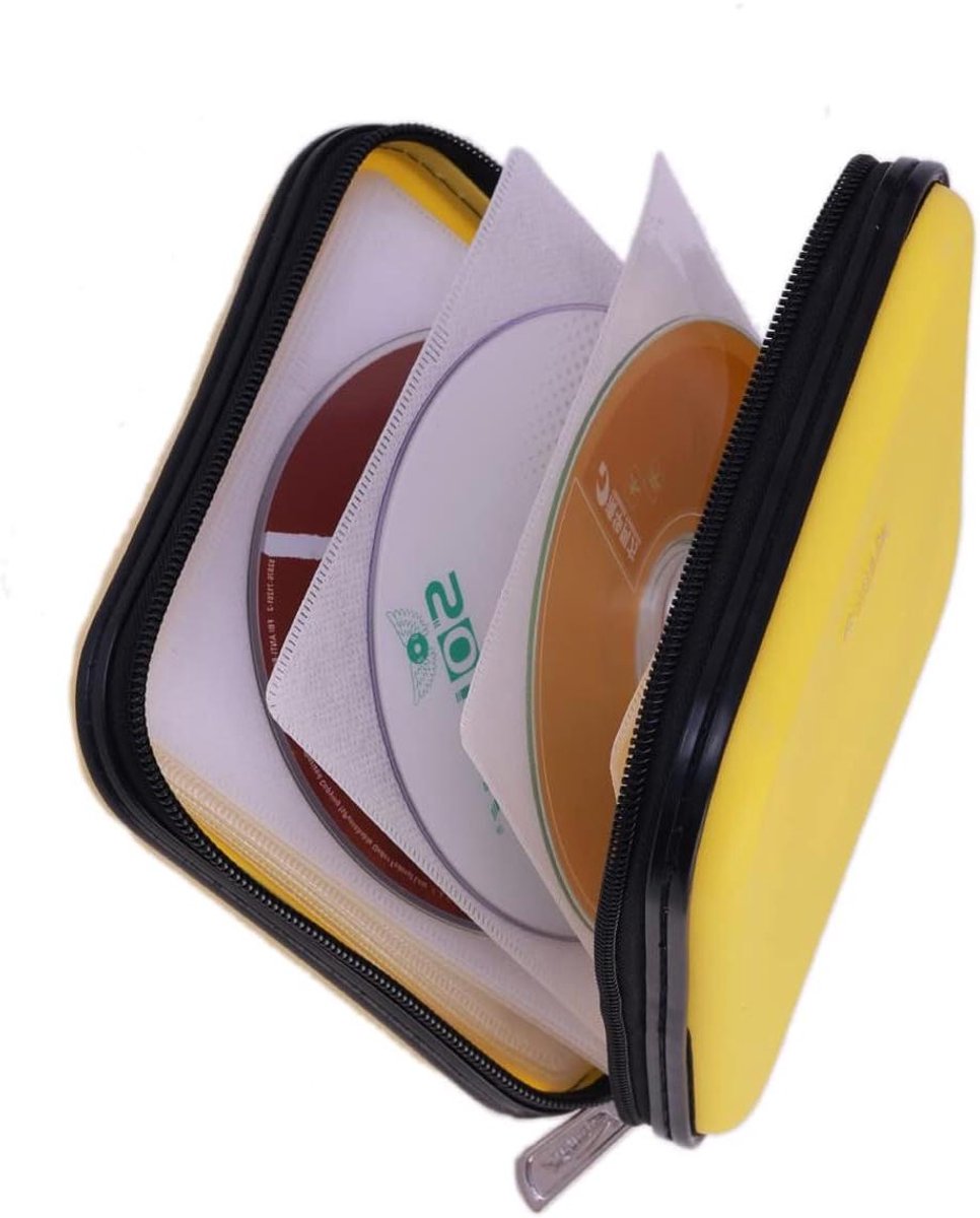 CD DVD Portemonnee - Schijf Opbergmap - Auto Entertainment - Stevige Harde Kaft - 32 Schijven Capaciteit - Geel