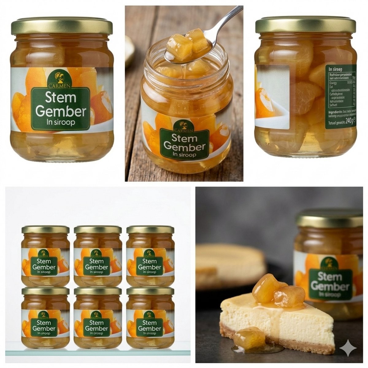 CARMEN Gember in Siroop - Voordeelverpakking 12 x 240g - Heerlijk voor Desserts, Gebak en Oosterse Gerechten - 12 Potten Gember op Siroop Met Kajal Sticker