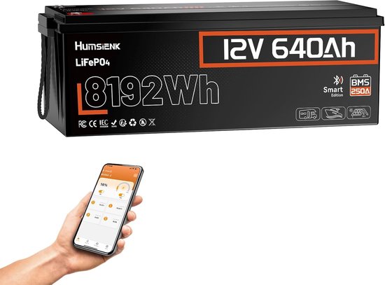 Humsienk LiFePO4 Batterij 12V 640Ah met Bluetooth– Hoge Capaciteit Solar Accu voor Zonne-energie Systemen, Lange Levensduur, Veilig & Onderhoudsvrij