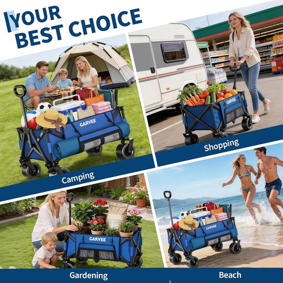 Heavy-Duty Opvouwbare Bolderkar Zwart - Draagkracht 215 kg / 280 Liter - Bolderwagen met All-Terrain Wielen, Remmen & Bagagespin - Strandkar & Kamperen - Blauw — afbeelding 5