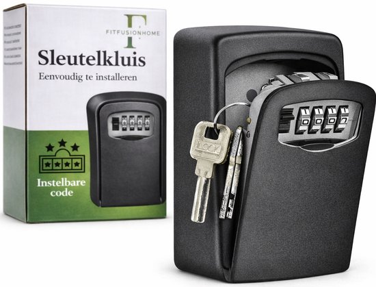 Zwarte sleutelkluis met codeklavier en twee sleutels, met een verpakking ernaast waarop 'Sleutelkluis' staat.