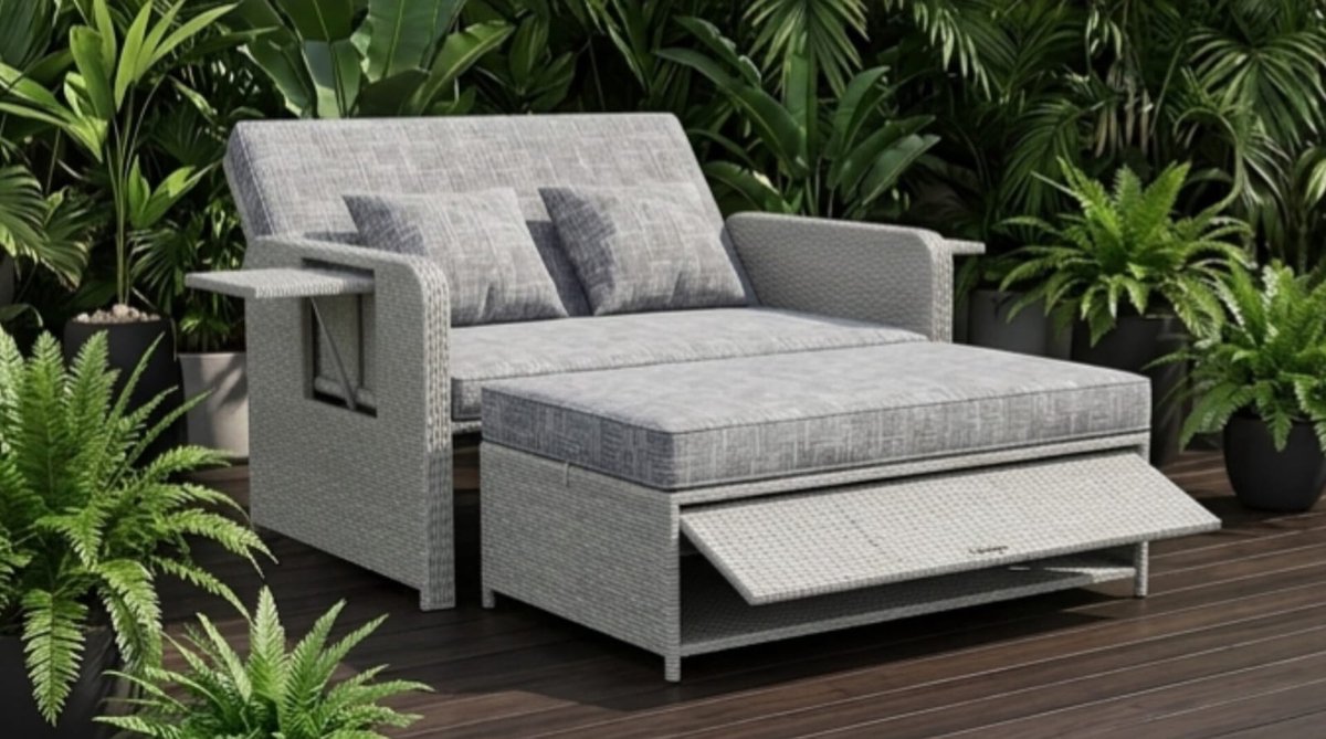 Zonneligbed 2 Personen 166x166x55 cm 3-in-1 met Verstelbare Rugleuning, Opbergruimte en Zijplanken – Polyrotan Loungebed, Tuinbank en Ligstoel met Kussens – Zwart/Bruin Gemêleerd – Urbanhome