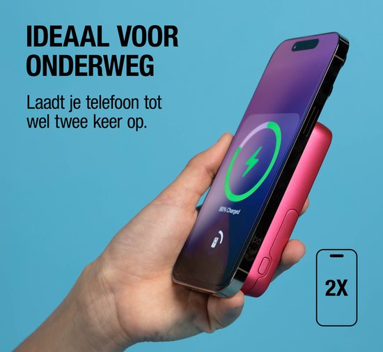 Rode magnetische powerbank laadt iPhone op. Iconen met '2X'.