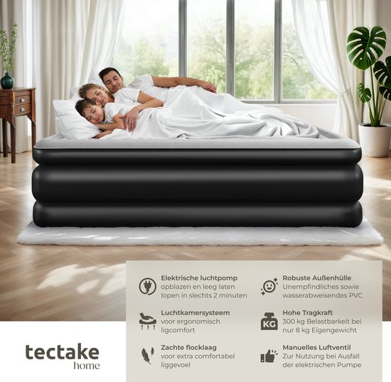 tectake® - Opblaasbaar matras AirDreams met elektrische pomp - Inclusief draagtas met koordsluiting - Waterafstotend - Slaapkamer - Camping - Logeerbed - Afmeting (LxBxH) 200 x 148 x 44 cm van Merkloos — afbeelding 2