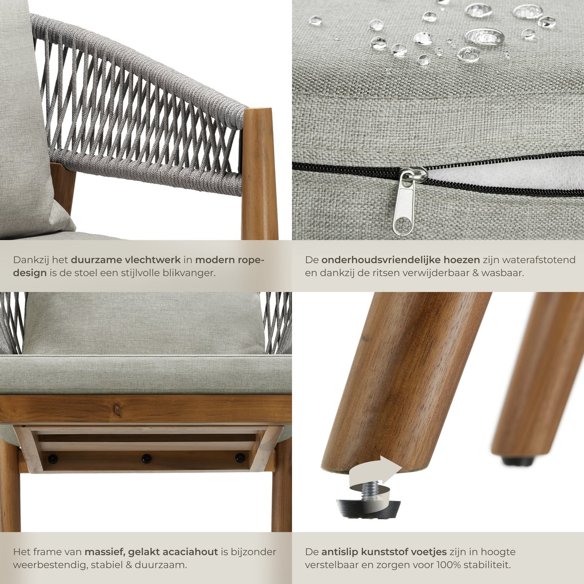 tectake® Set van 6 Tuinstoelen Manacor - Tuinstoel in Rope-Design - Balkonset - Weerbestendige Buitenstoel van Gelakt Acaciahout - Grijs/Beige - Stoelen voor Tuin, Balkon, Terras – foto 3