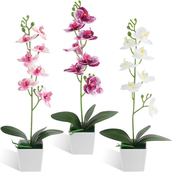Kunstorchideeën set - Kunstbloemen pot - Tafeldecoratie - Levensgetrouw design - 43 cm hoog - Wit en paars
