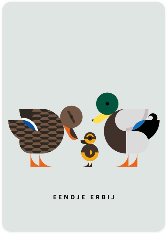 Een geometrische illustratie van twee volwassen eenden en een eendje, met de tekst 'EENDJE ERBIJ'.