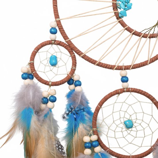 Detail van een dromenvanger met webpatroon, blauwe en bruine veren, houten en turquoise kralen.