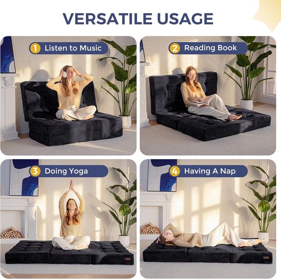 Opvouwbaar Matras - Gastmatras Futon - Ruimtebesparend Slapen - 15cm Schuimvulling - 90x195cm - Zwart — afbeelding 5