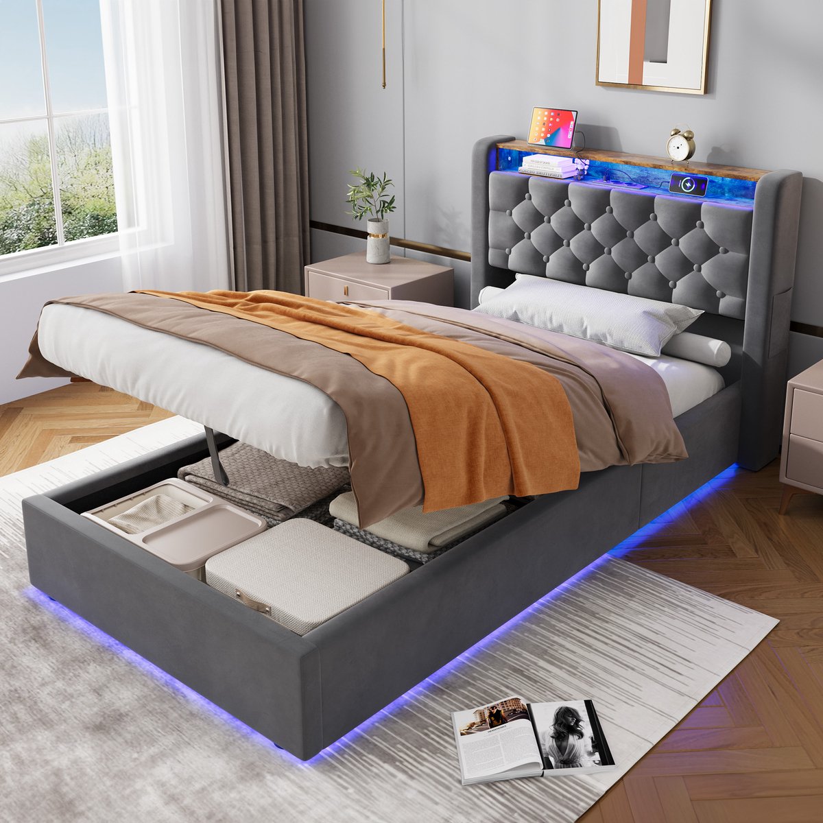 MODENUIT Gestoffeerd Bed 90x190 cm - Met Opbergruimte En Opklapbaar Hoofdbord met Stopcontact En LED Verlichting - Fluweel - Donkergrijs - Zonder Matras