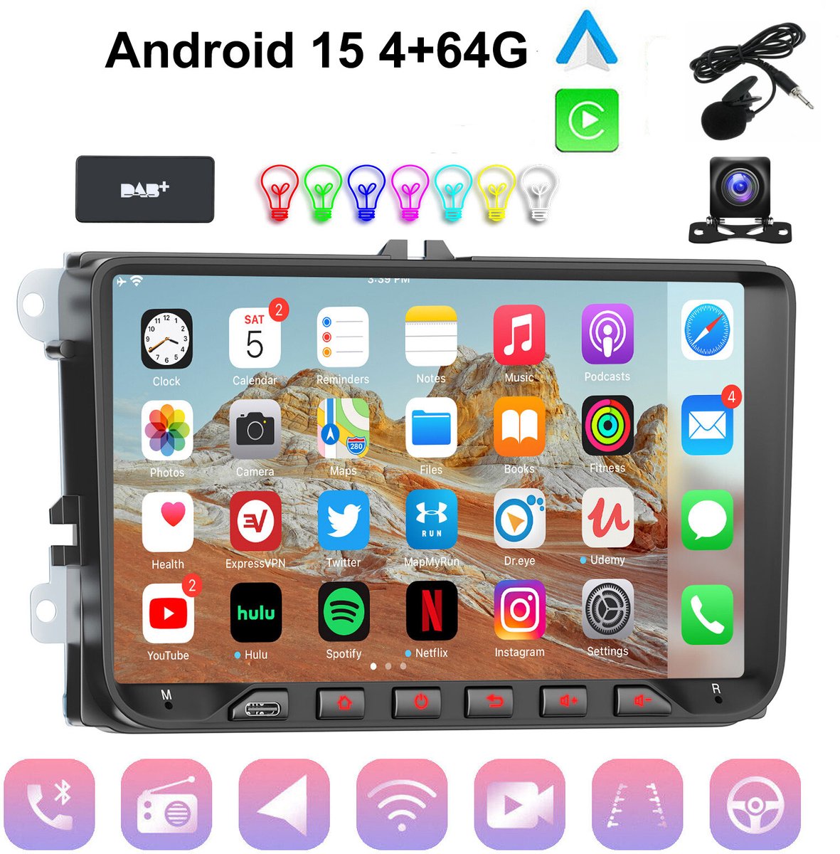 ESSGOO Autoradio voor Volkswagen GOLF 5 EOS Touran Tiguan Polo Seat Skoda - Draadloos Carplay Android Auto - Android 15.0 Systeem - 4+64GB - 9 INCH IPS touchscreen - GPS Bluetooth Wifi TypeC - Achteruitrijcamera - Microfoon - DAB+