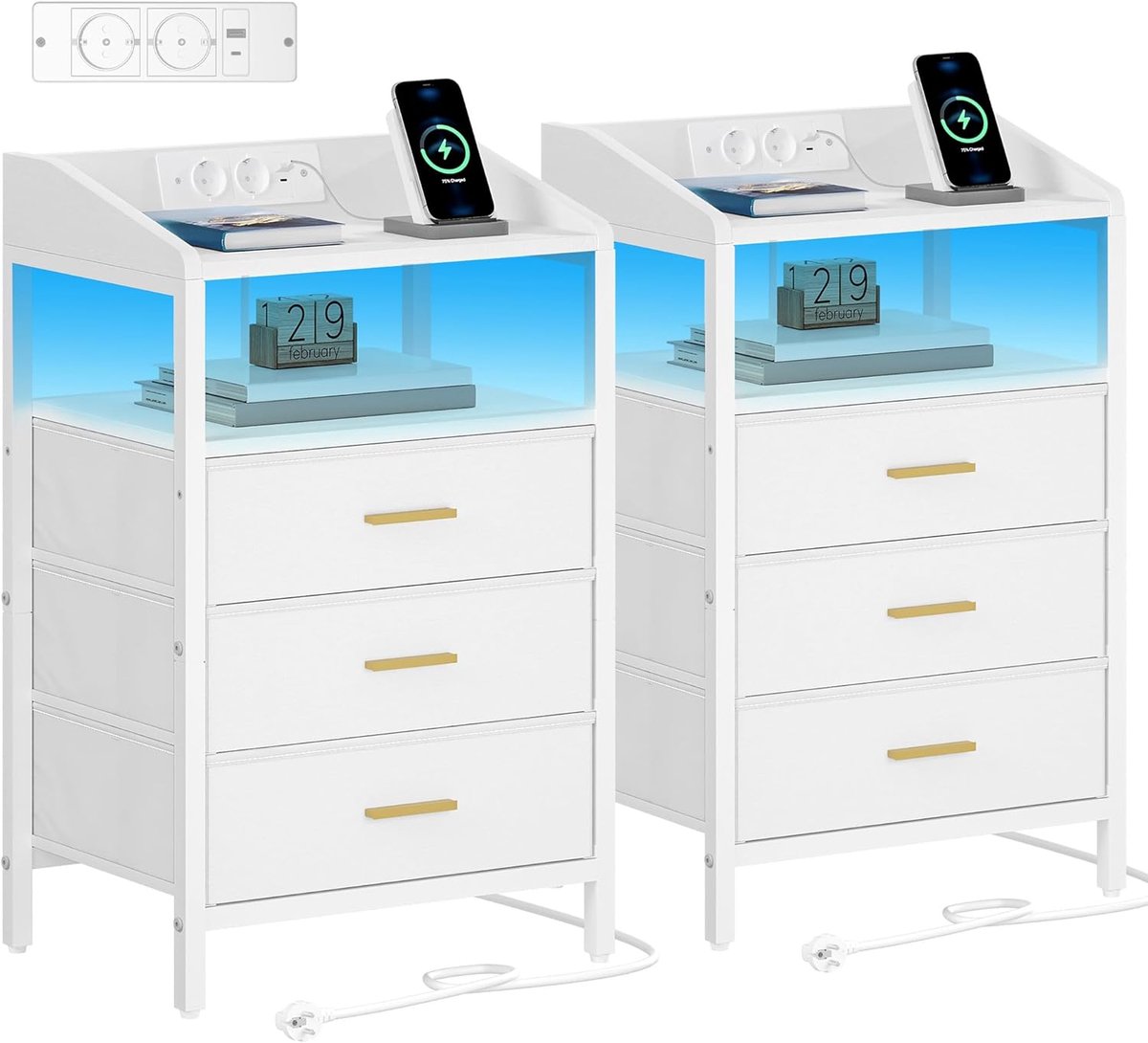 HOMESY Nachtkastjes Set van 2 LED Licht en Oplaadstation, Eindtafel met 3 Stoffen Opbergladen en Planken, Bijzettafel met USB Poorten & Stopcontacten, Nachtkastje voor Slaapkamer (Wit, 2er Set)