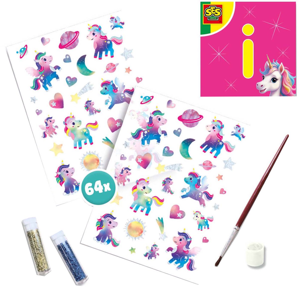 SES Creative Unicorn Tattoos en Glitters - 64 Eenhoornmotieven - Voor Meisjes vanaf 5 Jaar - Tattoos Kinderen - Eenvoudig Verwijderbaar - Schoencadeautjes Sinterklaas — cadeau in Hobby - foto 4