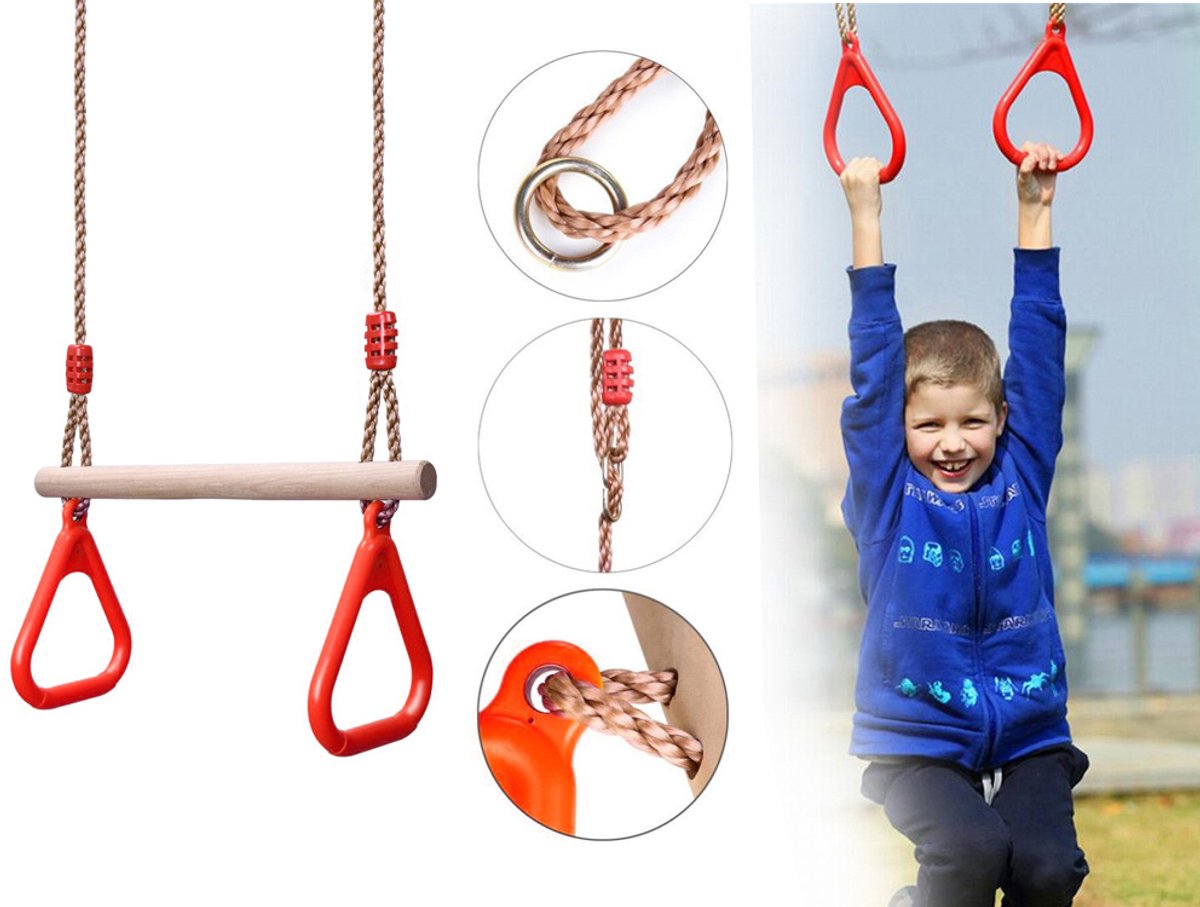 Houten Trapeze Schommel met Ringen – Kinder Gymnastiek Schommel voor Tuin & Binnen – Verstelbaar – Tot 100kg – houten schommel ringen – gymnastiek ringen kinderen – actief speelgoed kinderen – schommel – trapeze – ringen schommel – 32443 — afbeelding 8