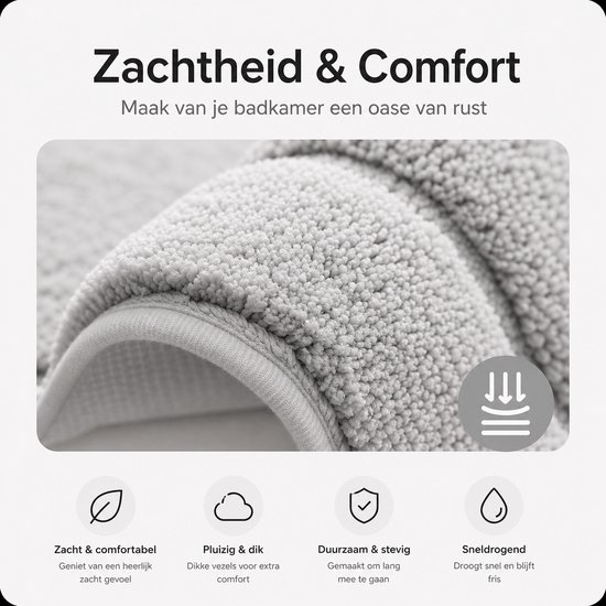 Grijze badmat met zachte, dikke vezels voor extra comfort.