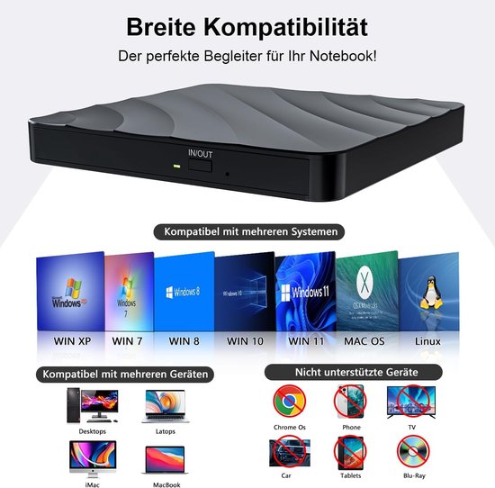 Extern DVD CD Station USB - Brander & Speler - CD/DVD +/-RW ROM - Windows 11/10/8/7/XP - Laptop PC — afbeelding 3