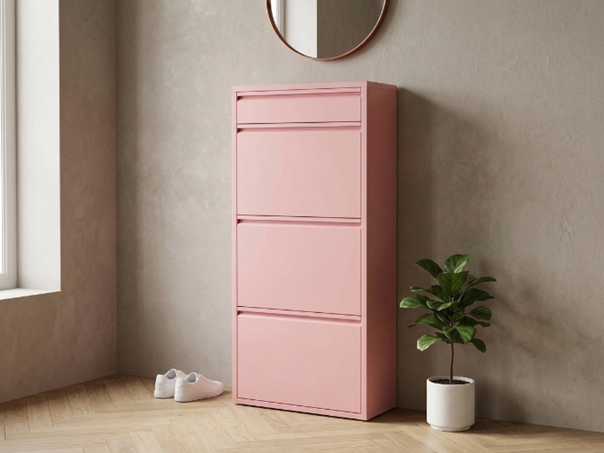 Slanke Roze Schoenenkast met 3+1 Lade – Ruimtebesparende Wand Schoenenopberger met 4 Kiepvakken – Stalen Design 115x50x15 cm – Modern Hal & Entree Schoenenrek Ganeey